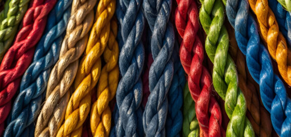 Close-up of coloured, braided synthetic ropes