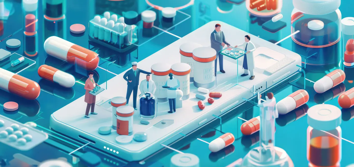 Digitale Gesundheitsplattform mit Ärzten, Medikamenten und vernetzten Daten auf einem Smartphone symbolisiert eine Online-Apotheke und E-Rezepte.