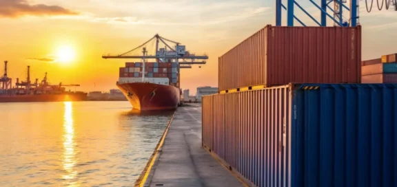 Containerschiff im Hafen bei Sonnenuntergang, umgeben von gestapelten Frachtcontainern – Symbol für internationalen Handel und Logistik.