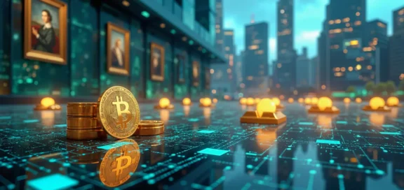 Goldene Bitcoin-Münzen und Datenchips liegen auf einer futuristischen Oberfläche, im Hintergrund moderne Stadtarchitektur und klassische Porträts an einer Museumswand