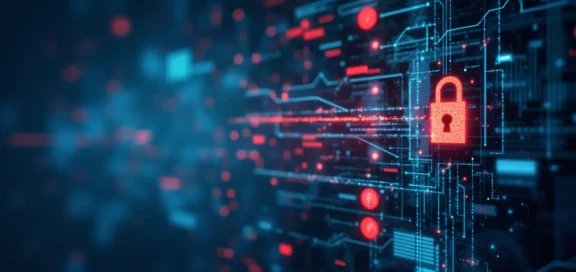 Abstrakte Darstellung von Cybersicherheit mit einem roten Vorhängeschloss-Symbol auf einem digitalen Hintergrund aus leuchtenden blauen und roten Datenleitungen und Schaltkreisen.