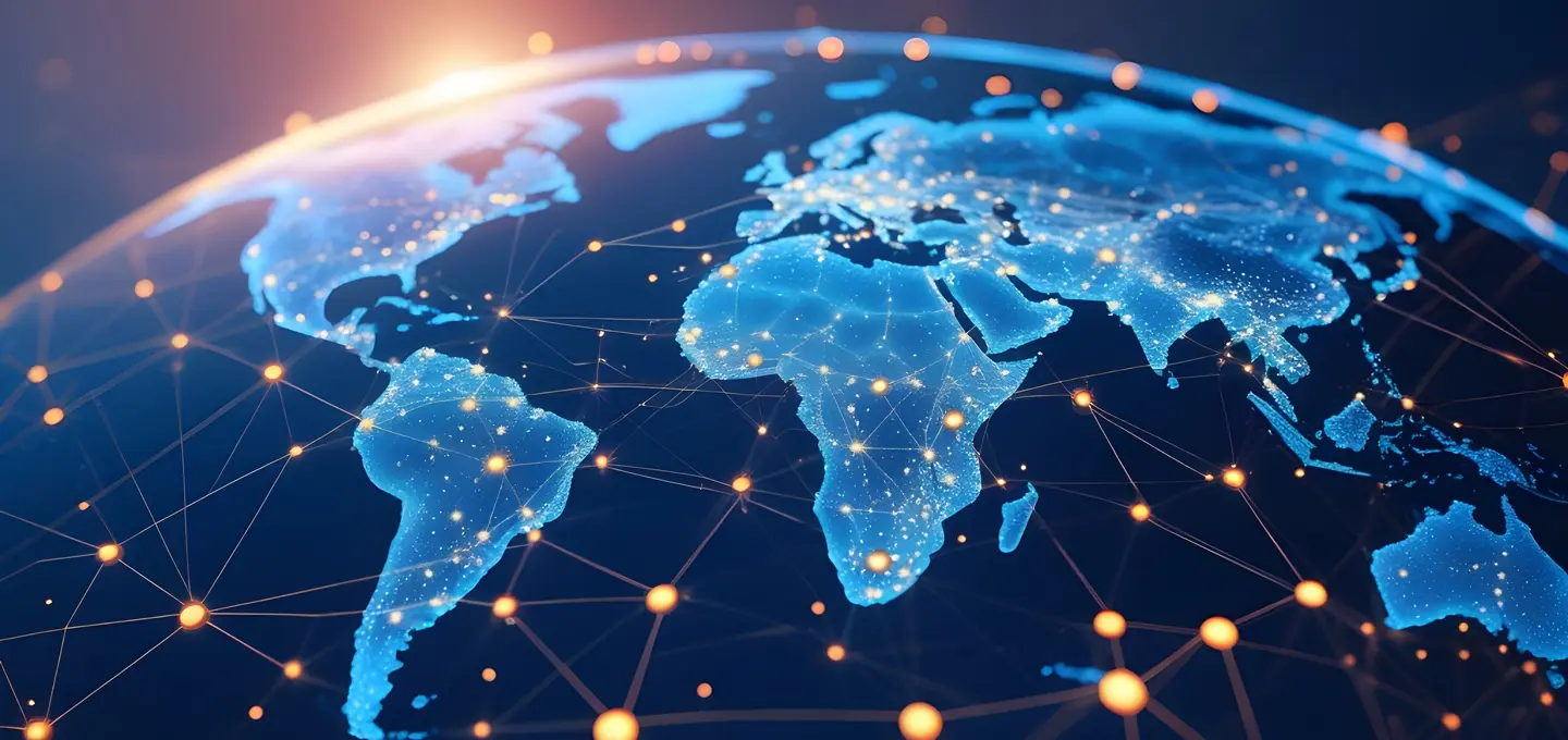 The image shows a stylised world map with bright blue continents, on which a network of connected dots is depicted - symbolising the global networking and international significance of the GDPR procedural rules in data protection law.