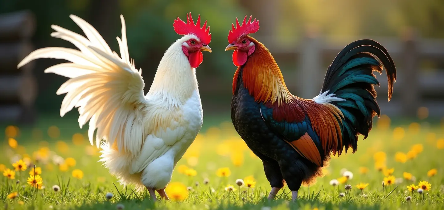 Two roosters stand facing each other on a flowering meadow and stare at each other, symbolising conflict management in franchising.