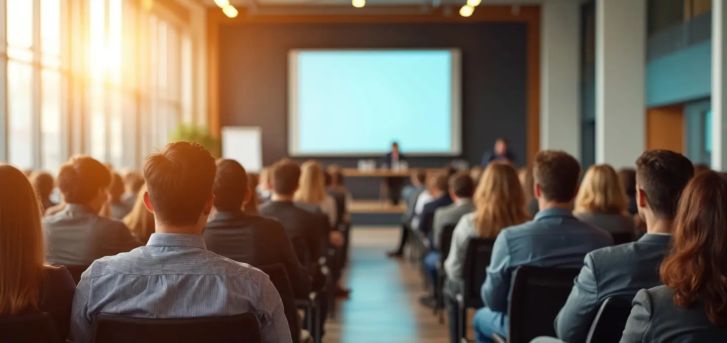 Symbolbild für den Schulungsanspruch Betriebsräte: Teilnehmer sitzen in einem hellen Seminarraum und hören einem Vortragenden vor einer Präsentationsleinwand zu.