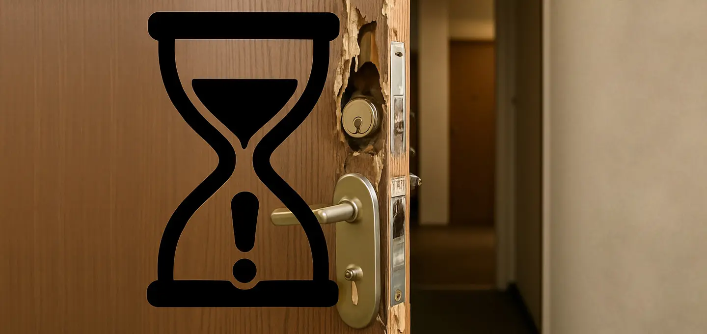 Aufgebrochene Wohnungstür mit beschädigtem Türrahmen und Schloss, daneben ein eingeblendetes Sanduhr-Symbol mit Ausrufezeichen – Symbolisch für Verjährungsbeginn mit gewaltsamer Wohnungsöffnung