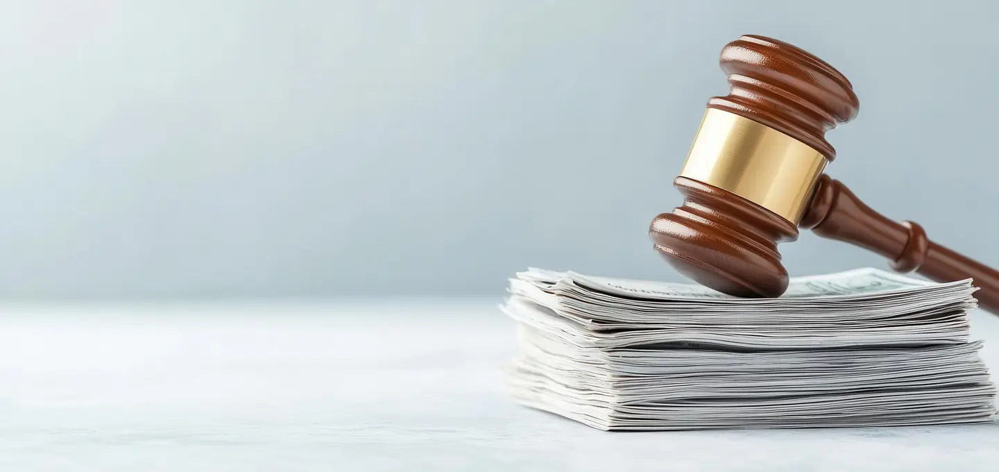 Richterhammer auf einem Dokumentenstapel – Symbol für die Kosten des Gerichtsverfahrens und rechtliche Streitigkeiten.
