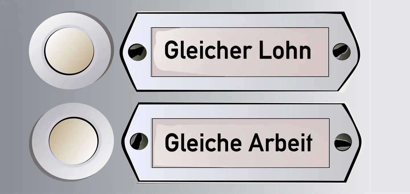 Illustration von zwei Klingelschildern mit den Aufschriften „Gleicher Lohn“ und „Gleiche Arbeit“, symbolisch für das Thema gleichartige Tätigkeiten und gleichwertige Tätigkeiten