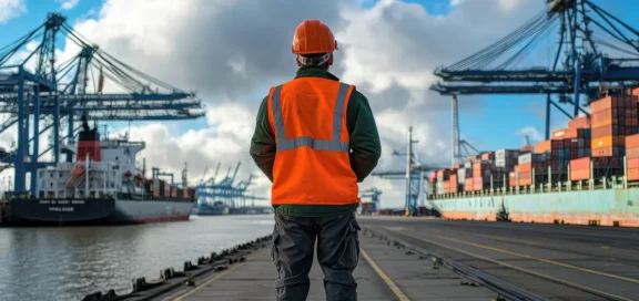 Mitarbeiter mit Schutzweste und Helm beobachtet Containerschiff im Hafen – Symbol für Exportkontrolle, Außenwirtschaftsrecht und internationale Defence-Transaktionen.