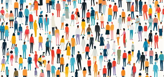 Illustration einer großen, vielfältigen Gruppe von Menschen in bunten Kleidern, die in verschiedenen Positionen stehen und gehen, auf hellem Hintergrund.