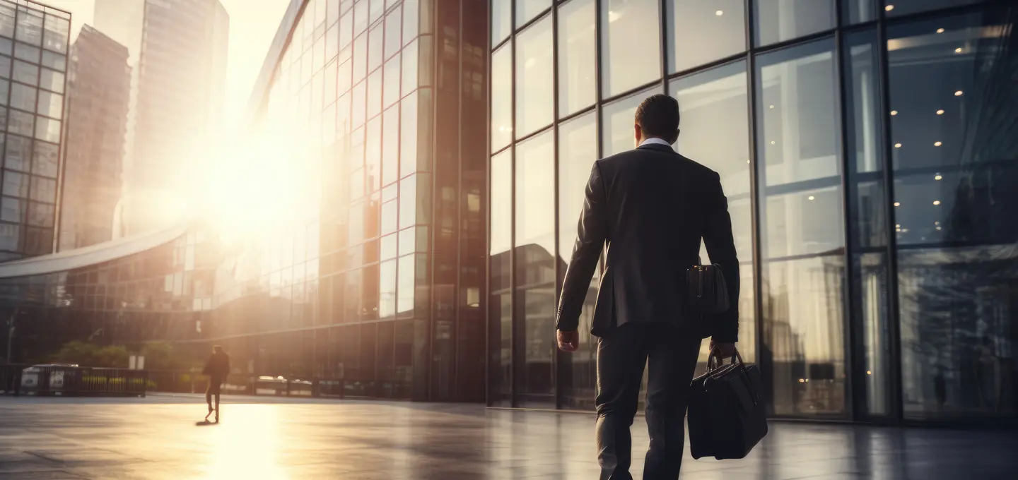 Ein Geschäftsmann im Anzug geht mit Aktentasche in der Hand auf ein modernes Bürogebäude mit Glasfassade zu, während die Sonne im Hintergrund scheint. – Symbolbild für Search Funds