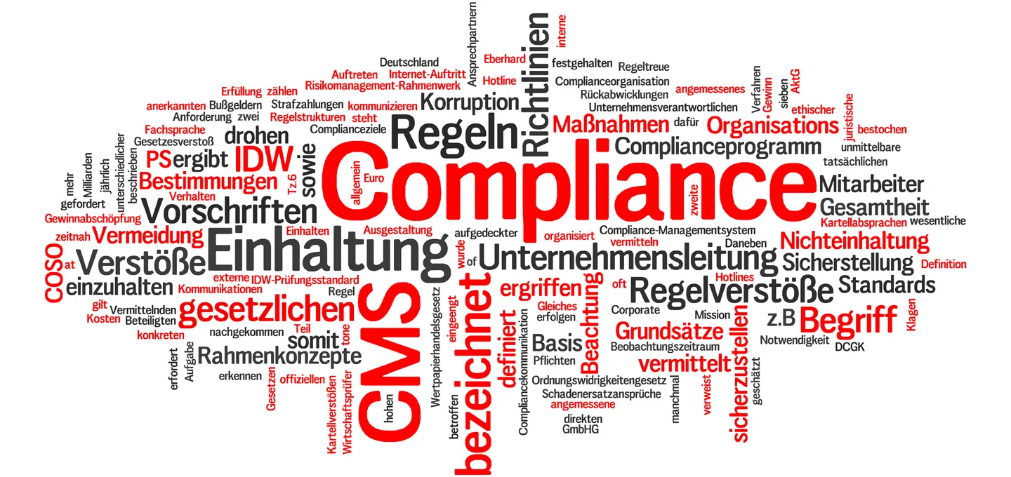 Word cloud on the topic of compliance in 2026, featuring terms such as compliance, CMS, rules, legal requirements, corporate management, guidelines, violations and liability.