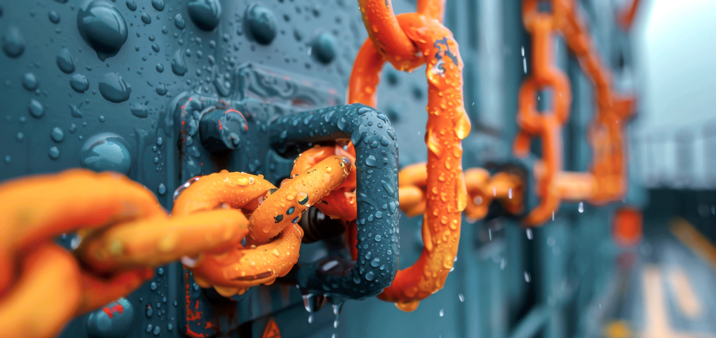 Sealed container with security chain – symbolic image for container theft and problems with providing evidence in the event of loss during transport