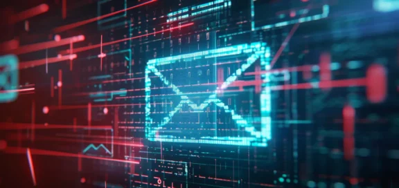 Symbolische Darstellung eines Phishing-Angriffs per E-Mail im Zusammenhang mit Kaufpreisforderungen und manipulierten Zahlungsinformationen im B2B-Handel