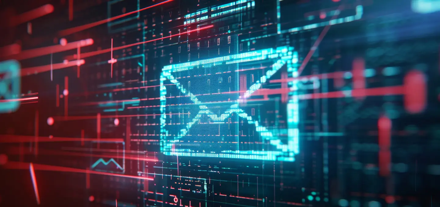 Symbolic representation of a phishing attack via email in connection with purchase price claims and manipulated payment information in B2B commerce