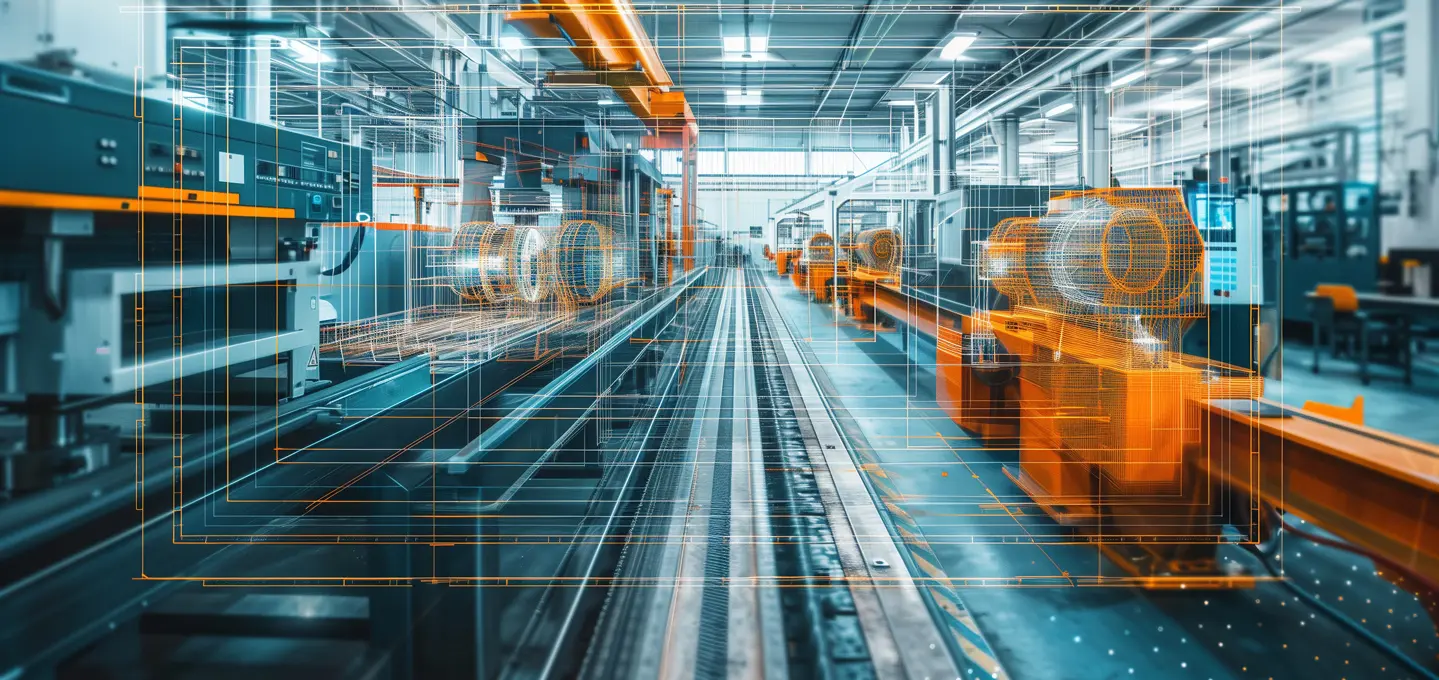 Digitale Darstellung einer modernen Produktionshalle mit vernetzten Maschinen und visualisierten Datenströmen zur Überwachung von Prozessen im Rahmen von Qualitätssicherungsvereinbarungen.