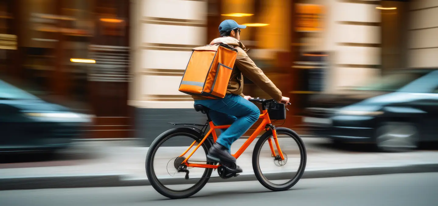 Bicycle courier for a platform company with a delivery backpack in the city – symbolic image for the BAG ruling on platform work and app-controlled working models.