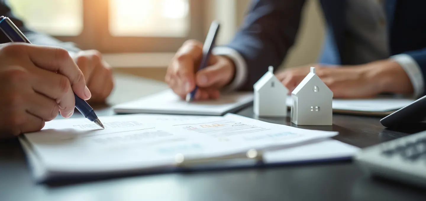 Immobilienverkäufe innerhalb der Familie – Zwei Personen unterzeichnen Vertragsunterlagen für einen Immobilienverkauf innerhalb der Familie, neben ihnen stehen kleine Hausmodelle auf dem Tisch.