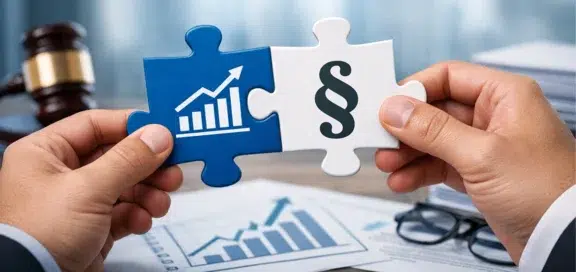 Symbolbild für Managementbeteiligung – Zwei Hände fügen zwei Puzzleteile zusammen – eines mit Wachstumsgrafik, eines mit Paragraphenzeichen – vor juristischem Hintergrund mit Richterhammer.