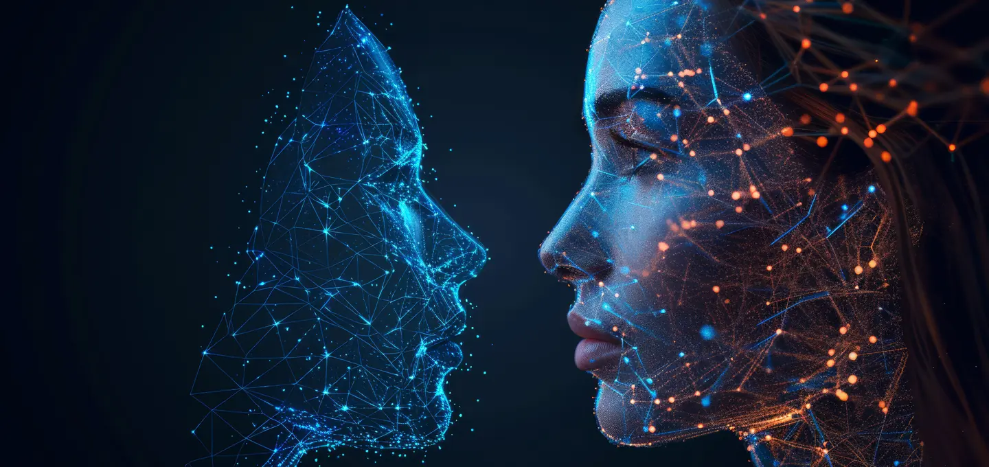 Digital Twins – Zwei Gesichter stehen sich gegenüber: rechts ein realistisches menschliches Profil, links ein digitales, aus Linien und Datenpunkten aufgebautes Abbild.