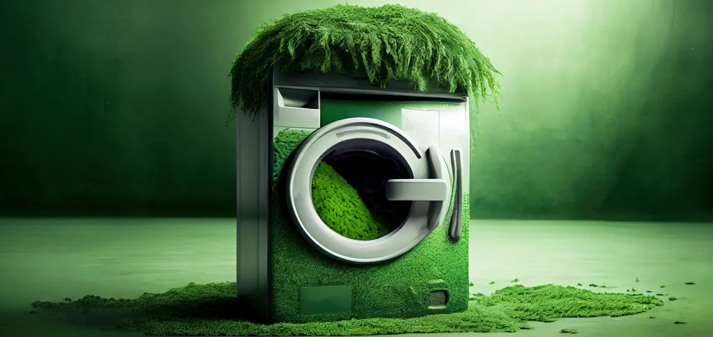 EmpCo – Waschmaschine, überwuchert von grünem Moos, steht vor einem unscharfen grünen Hintergrund; auch im Inneren und auf dem Boden liegt Moos, wodurch ein naturverbundenes, fast surreal wirkendes Bild entsteht.