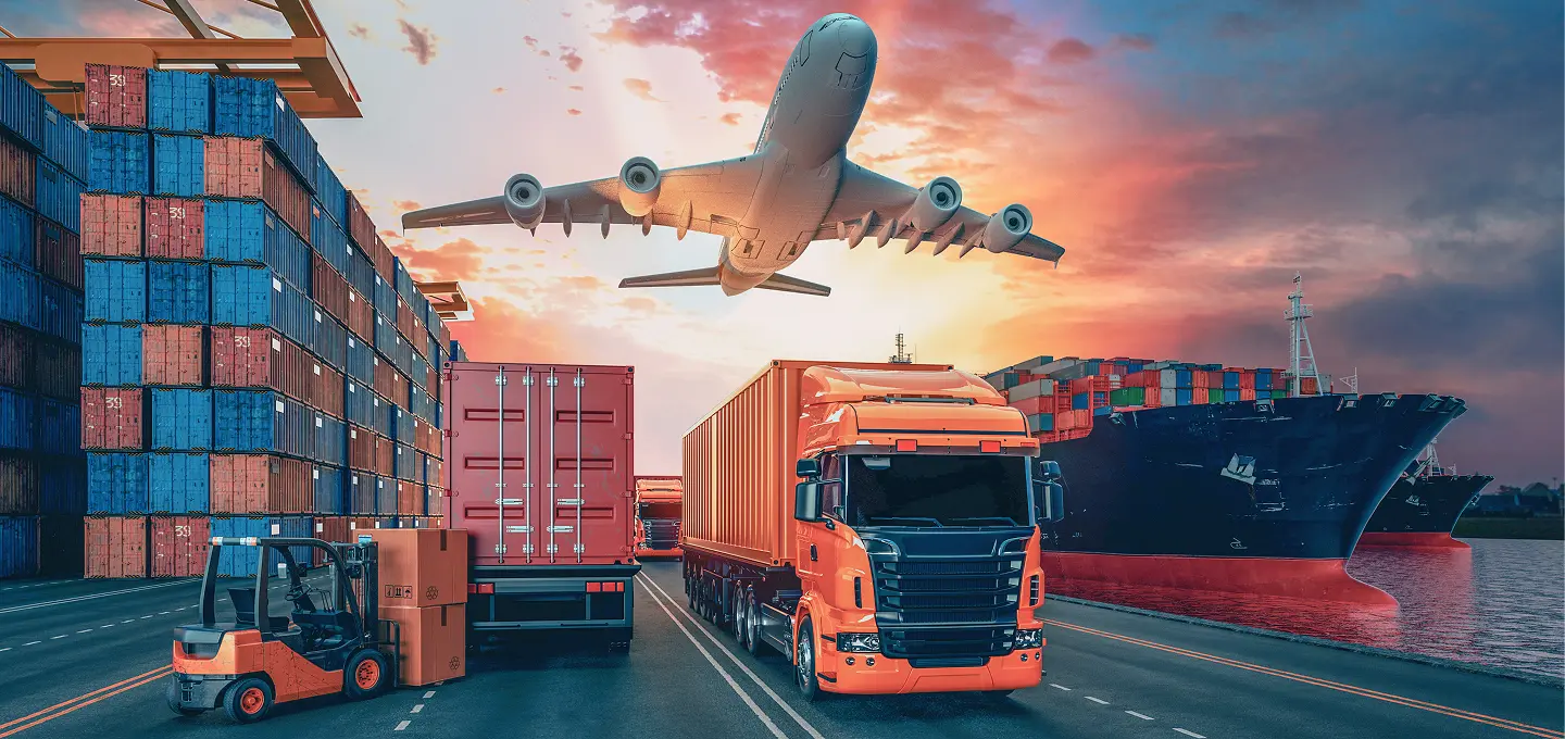 Reminder in logistics: Container terminal with lorry, container ship and cargo plane in international transport.
