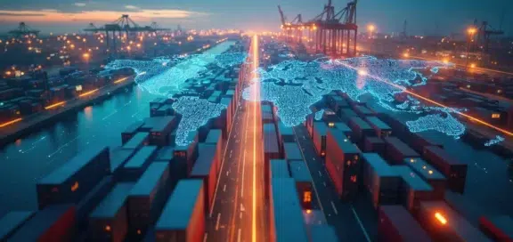 Global container terminal with a digital world map – a symbolic representation of defence logistics and international supply chains in Germany