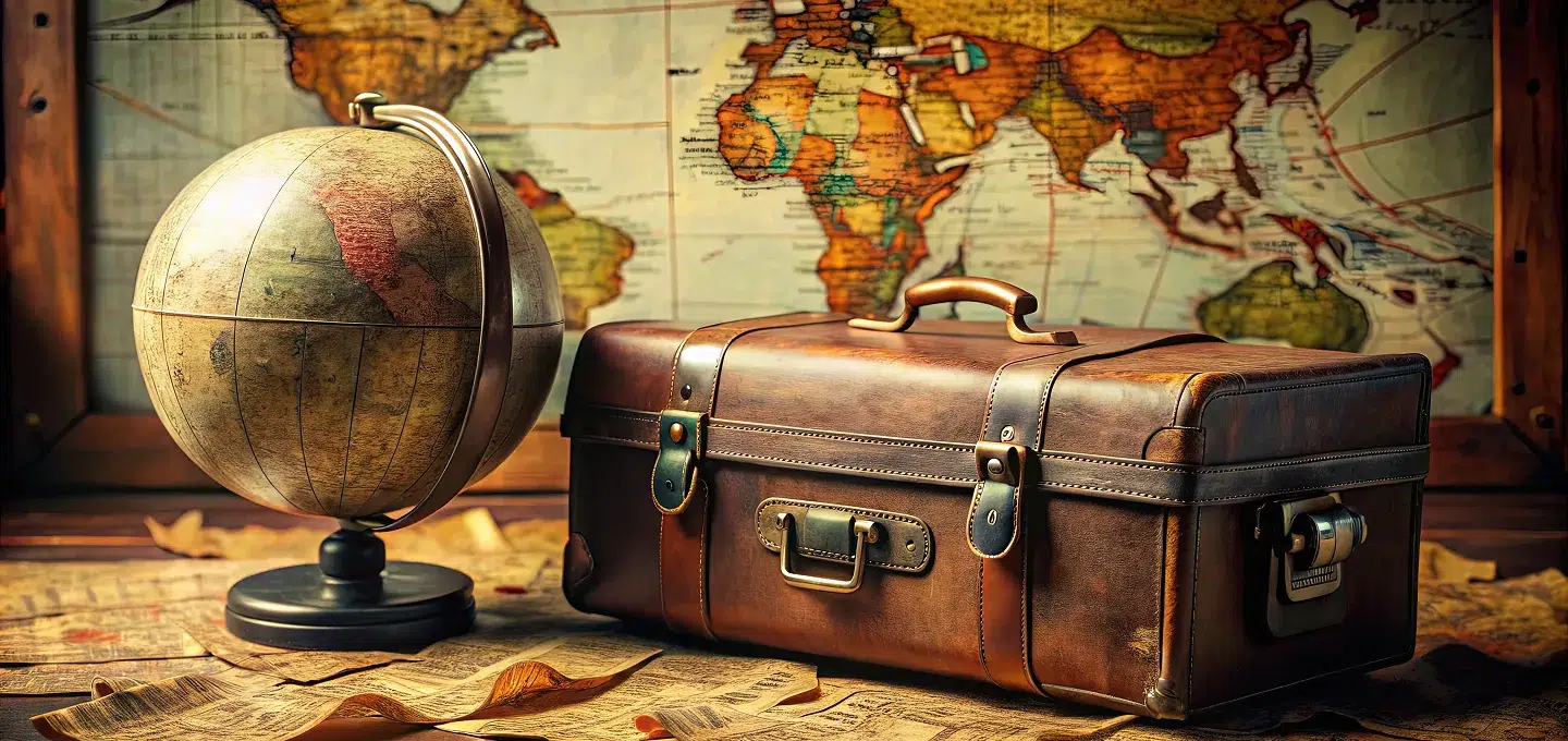 A vintage suitcase next to a globe in front of a map of the world, symbolising Family foundations avoid exit tax.