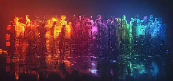 Employee share ownership (profit-sharing rights) symbolically represented by a team of people who are connected like pieces of a jigsaw puzzle and together form a company