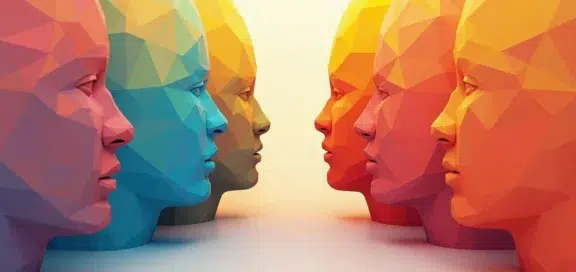 Eine Reihe bunter, polygonaler Gesichter, die sich gegenüberstehen, in einem minimalistischen Stil – Symbolbild für Deepfakes im Arbeitsverhältnis