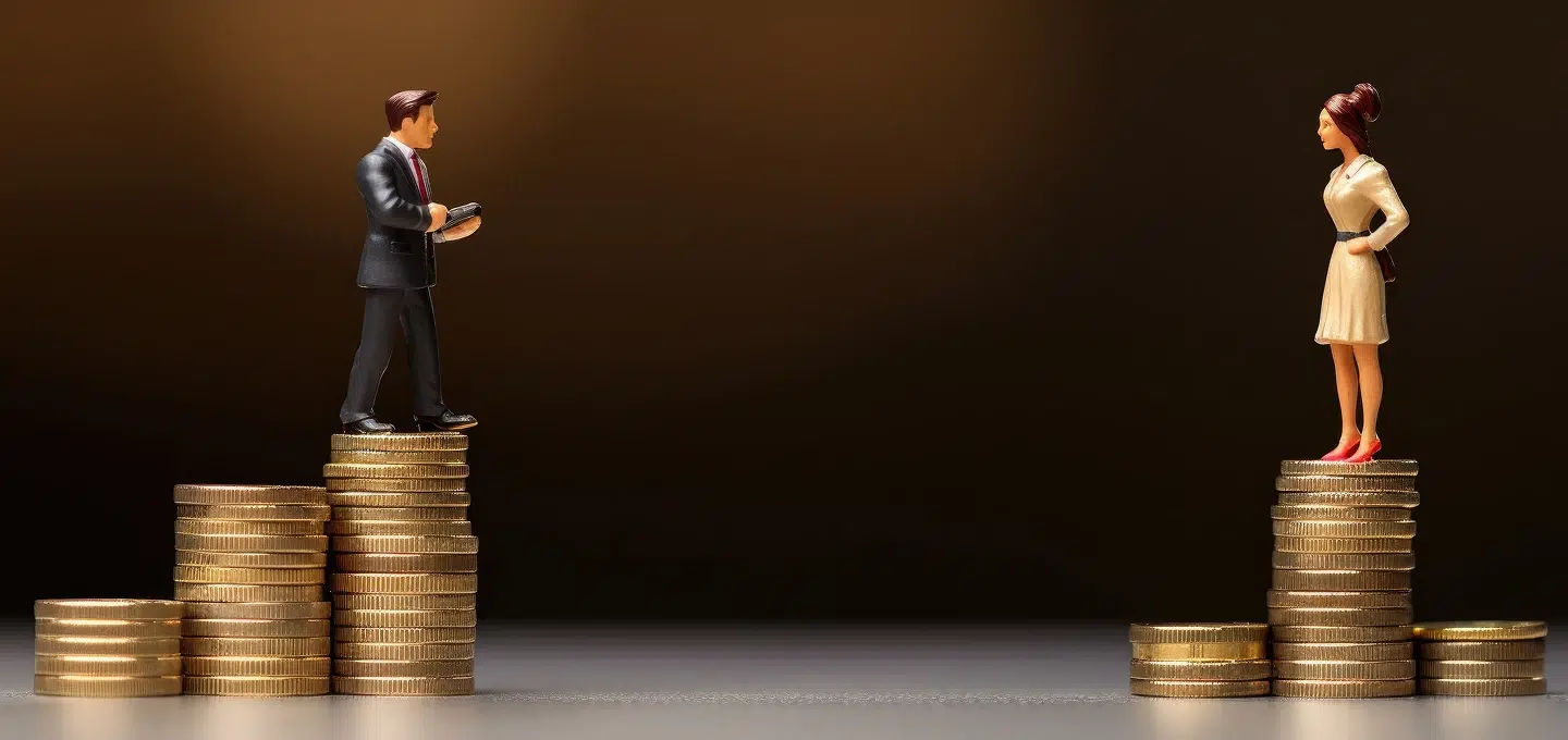 Zwei Miniaturfiguren stehen auf ungleich hohen Münzstapeln und blicken sich an. Der männliche Geschäftsmann steht links auf dem höchsten Stapel, während die Frau rechts auf einem niedrigeren Stapel steht, was den geschlechtsspezifischen Gehaltsunterschied (Equal Pay Verstoß) symbolisiert.