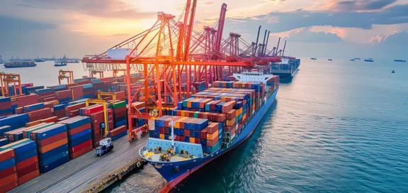 Luftaufnahme eines geschäftigen Containerhafens bei Sonnenuntergang mit einem beladenen Containerschiff am Kai, das von roten Kränen be- und entladen wird. Weitere Schiffe warten auf Reede. Diese Szene steht symbolisch für die Komplexität internationaler Lieferketten und die Risiken für unvorhergesehene Zusatzkosten in Lieferverträgen, wie sie im Text besprochen werden.