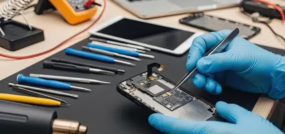 Eine Person mit blauen Schutzhandschuhen repariert ein geöffnetes Smartphone auf einem Arbeitstisch. Rundherum liegen Feinwerkzeuge wie Schraubendreher, Pinzetten und ein Heißluftgerät sowie weitere elektronische Geräte - Recht auf Reparatur