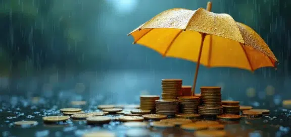 Ein kleiner, gelber Regenschirm schützt Stapel von Goldmünzen vor herabfallendem Regen und Nässe. Die Szene ist im Querformat und symbolisiert das Schutzschirmverfahren, finanziellen Schutz und Absicherung.