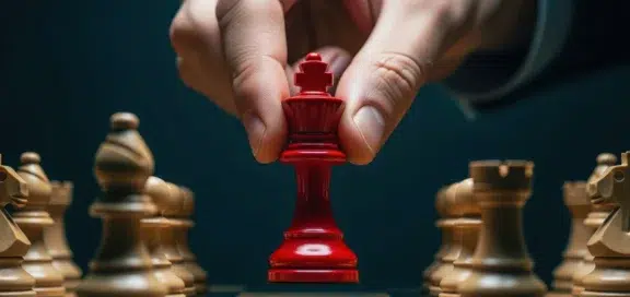 Eine Hand in Businesskleidung platziert eine rote Königsfigur auf einem Schachbrett, umgeben von goldenen Schachfiguren – symbolisch für strategische Führungsentscheidungen und Vorstandshaftung.