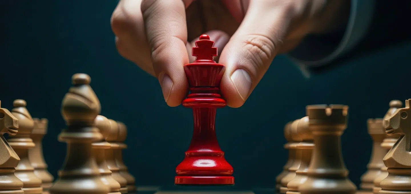 Eine Hand in Businesskleidung platziert eine rote Königsfigur auf einem Schachbrett, umgeben von goldenen Schachfiguren – symbolisch für strategische Führungsentscheidungen und Vorstandshaftung.