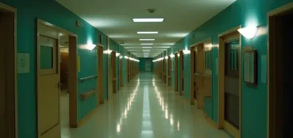A long, empty hospital corridor with turquoise walls, numerous patient room doors on both sides and bright ceiling lights. The shiny floor reflects the lights and emphasises the strong sense of perspective stretching to the end of the corridor – a symbolic image of on-call duty in a hospital