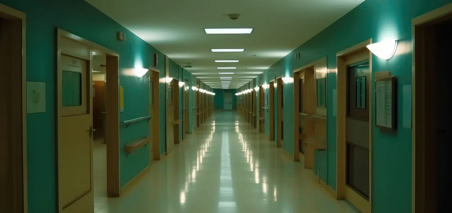 Langer, leerer Krankenhausflur mit türkisfarbenen Wänden, zahlreichen Patientenzimmertüren auf beiden Seiten und heller Deckenbeleuchtung. Der glänzende Boden reflektiert die Lichter und betont die starke Perspektive bis zum Ende des Ganges – Symboldbild für Rufbereitschaft im Krankenhaus