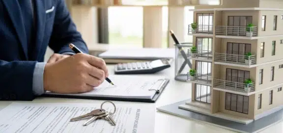 Nießbrauchverzicht beim Immobilienverkauf – Vertragsunterzeichnung mit Immobilienmodell und Schlüssel