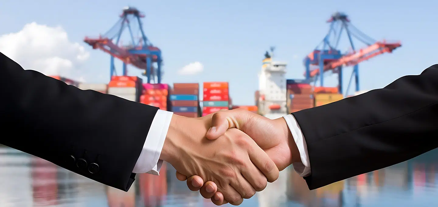 Handschlag zwischen Geschäftspartnern vor Containerhafen – Symbolbild für Zölle und Lieferverträge im internationalen Handel
