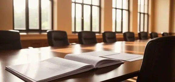 An open file on a conference table in a courtroom – symbolic of the enforcement of arbitral awards