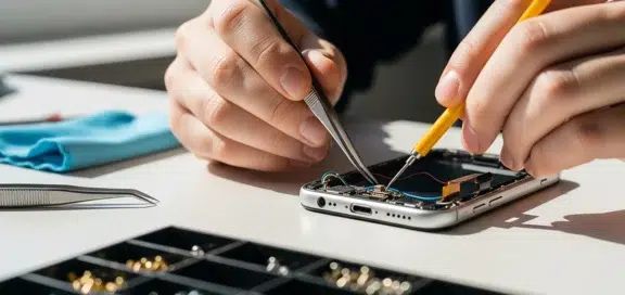Recht auf Reparatur – Reparatur eines Smartphones mit Pinzette und Lötkolben