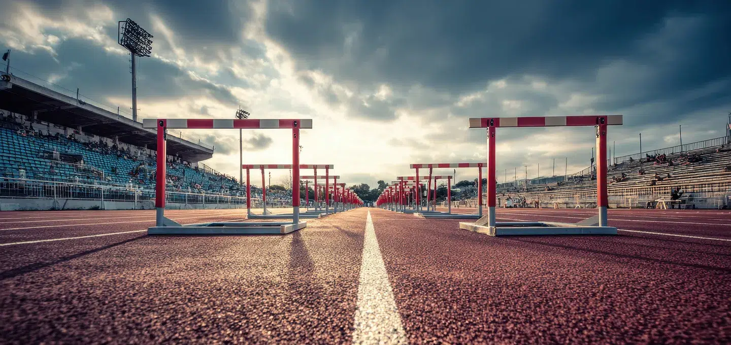 New Packaging Regulation: Rows of red hurdles on an empty tartan track in the stadium, with dramatic clouds in the background at sunset