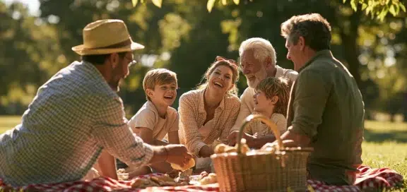 Grandparents, parents, and children laugh together during a picnic in the park—a symbolic image of Cash gifts to children living in France