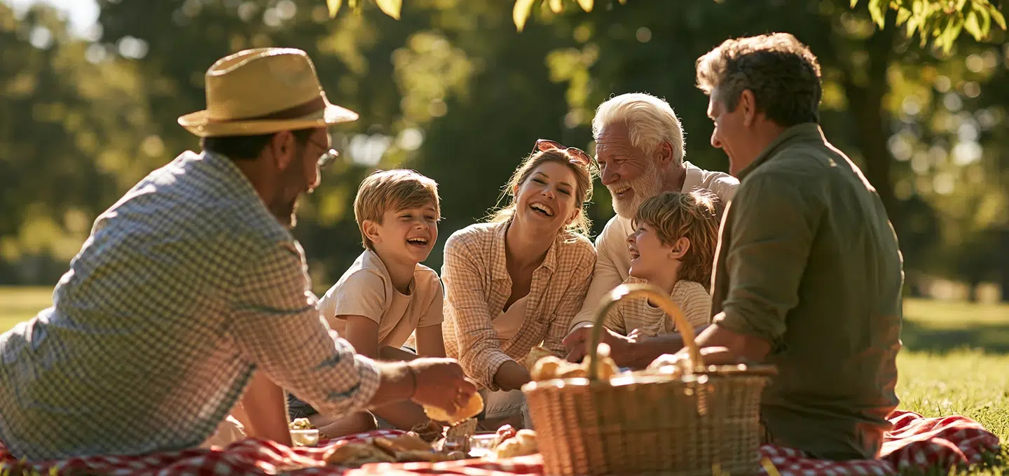 Grandparents, parents, and children laugh together during a picnic in the park—a symbolic image of Cash gifts to children living in France