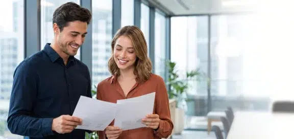 Zwei Führungskräfte überprüfen gemeinsam Unterlagen im Büro – Thema Managerhaftung bei CEO-Fraud