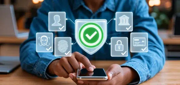Person tippt auf ein Smartphone, darüber schwebt ein grünes Schutzschild mit Häkchen, umgeben von Symbolen für Identität, Gesichtserkennung, Fingerabdruck, Bank, Schloss und Zahlungskarte, als Sinnbild für das Vieraugenprinzip bei der Prüfung von Zahlungen